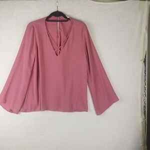 LUSH Pink Bell Sleeve V Neck Criss Cross Detail Blouse Top Women's‎ M boho NWOT
